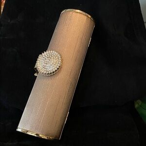 Minaudiere Gold Satin Clutch Bag with a Crystal Oval Clasp